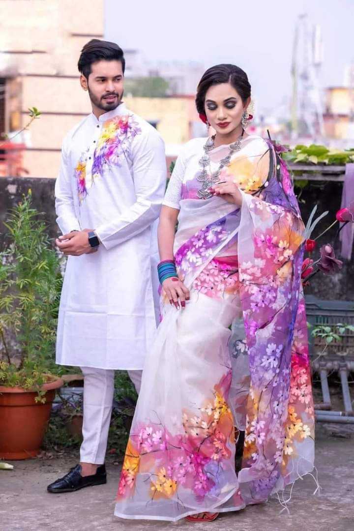 Hand,Paint,Half,Silk,Couple,Set,saree,and,Panjabi
